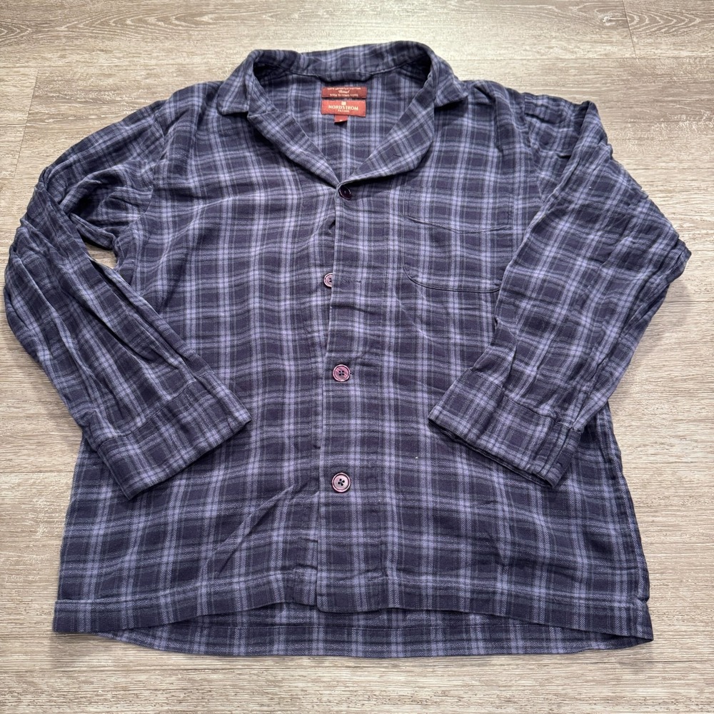 Nordstrom Pajama Top Women M Purple Plaid Cotton Flannel Sleep Shirt Loungewear